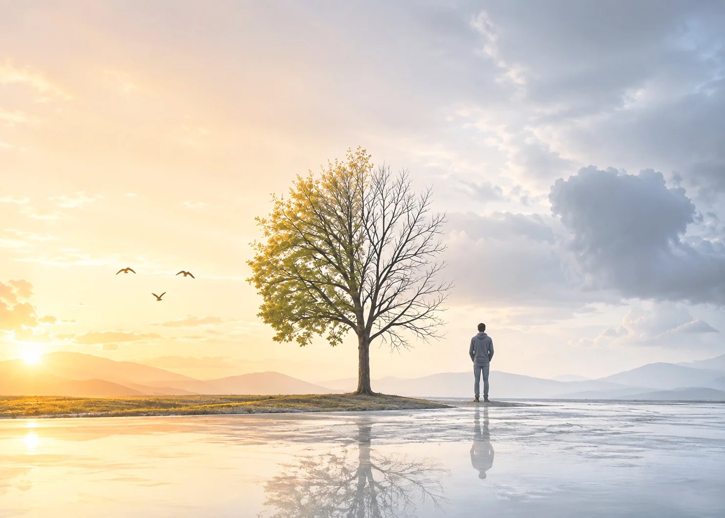 A tree between sunrise and clouds, symbolizing joy and pain
